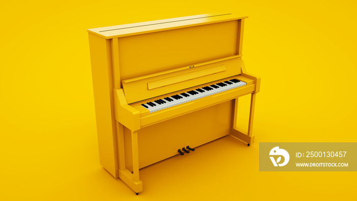 Yellow Classic Upright Piano. Minimal idea concept, 3d illustration