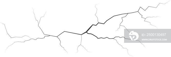 Cracks on wall, earth or stone. Scratches lines on surfaces. Lightning and thunderstorm illustration. Fissure on ground and ice. Graphic explosions