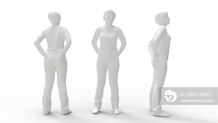 3D rendering of a mature female standing with her arms behind her back smiling.