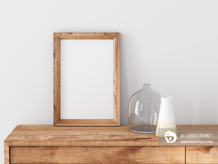 Vertical Wooden Frame poster Mockup standing on bureau