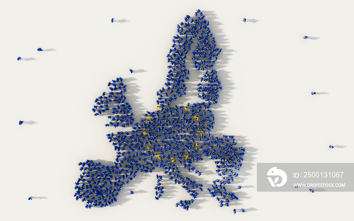 Large group of people forming EU or European Union flag map in social media and community concept on white background. 3d sign of crowd illustration from above gathered together