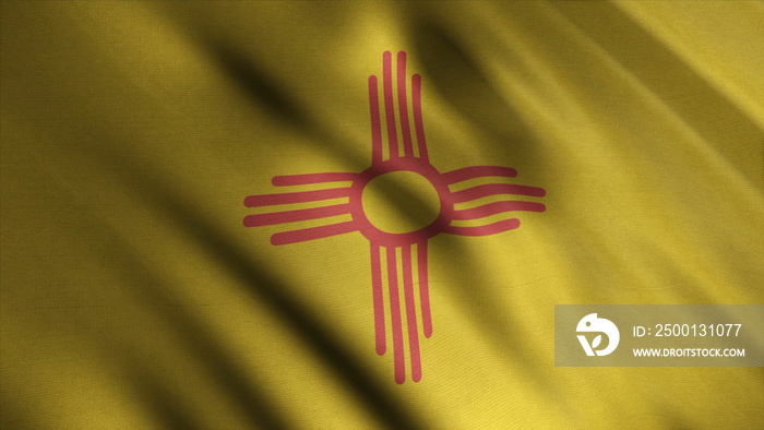 Abstract of New Mexico state’s flag waving in the wind. Animation. The flag of the U.S. state of New Mexico consists of a red sun symbol of the Zia on a field of yellow.