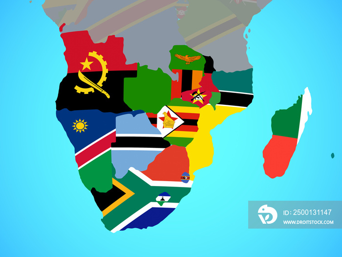 Southern Africa with national flags on blue political globe.