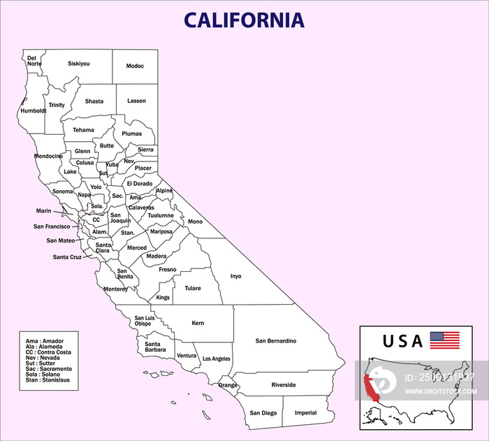 California map. California District map in white color. District map with USA.