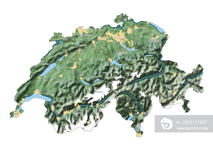 Isolated map of Switzerland with capital, national borders, important cities, rivers,lakes. Detailed map of Switzerland suitable for large size prints and digital editing.