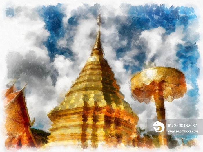 Wat Doi Suthep temple Chiang Mai Thailand watercolor style illustration impressionist painting.