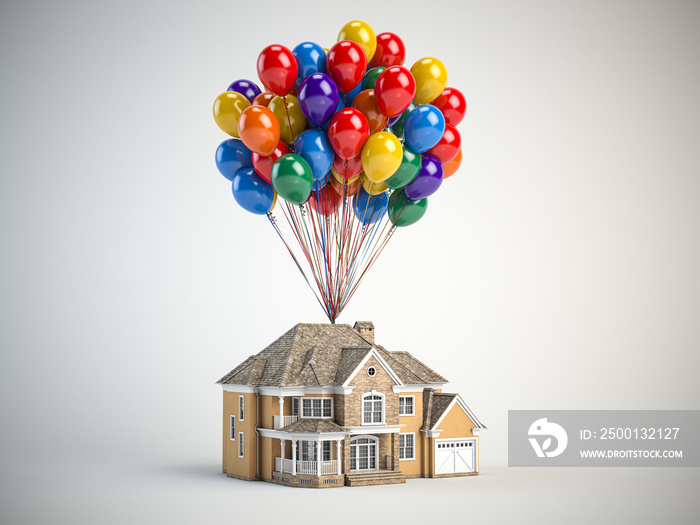 House with balloons bunch on white background. Real estate purchasing, moving house,  housewarming  and gift concept.