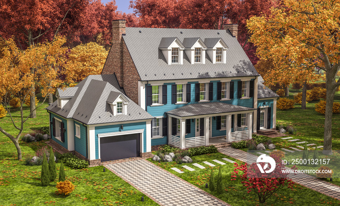 3d rendering of modern cozy classic house in colonial style with garage and pool for sale or rent with beautiful landscaping on background. Clear sunny autumn day with golden leaves anywhere.