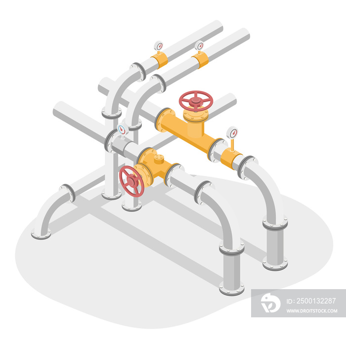 Valves and Piping technicians engineering service maintenance appliances for Gas pumping station gas industry and gas transport system isometric vector isolated