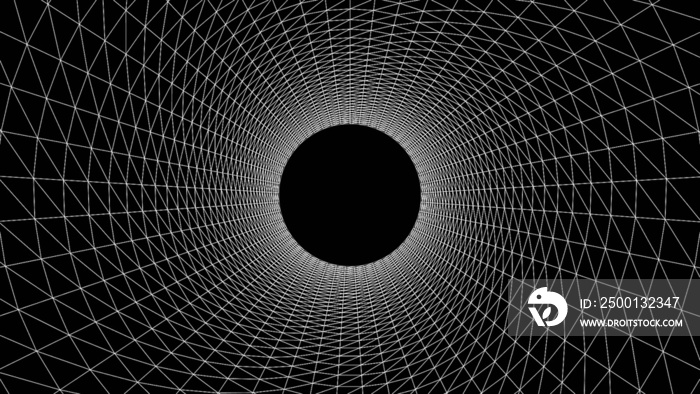 Black and white wireframe geometric shapes tunnel grid on a black background. Geometric shapes from the black lines. Wireframe background 3D Torus chain with lines and dots abstract vector background