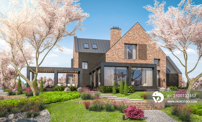 3d rendering of modern cozy clinker house on the ponds with garage and pool for sale or rent. Fresh spring day with a blooming trees with flowers of sakura on background.