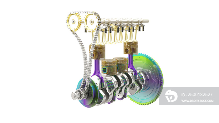 Isolated illustration of a car engine with exposed connecting rods and pistons, 3d rendering, 3d illustration