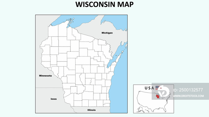 Wisconsin Map. Political map of Wisconsin with boundaries in Outline.