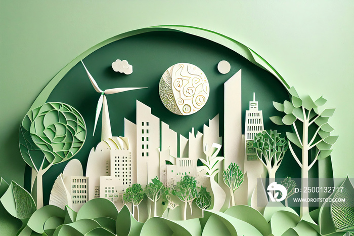 Paper art style , Paper cut of eco city design Green energy concept and environment conservation