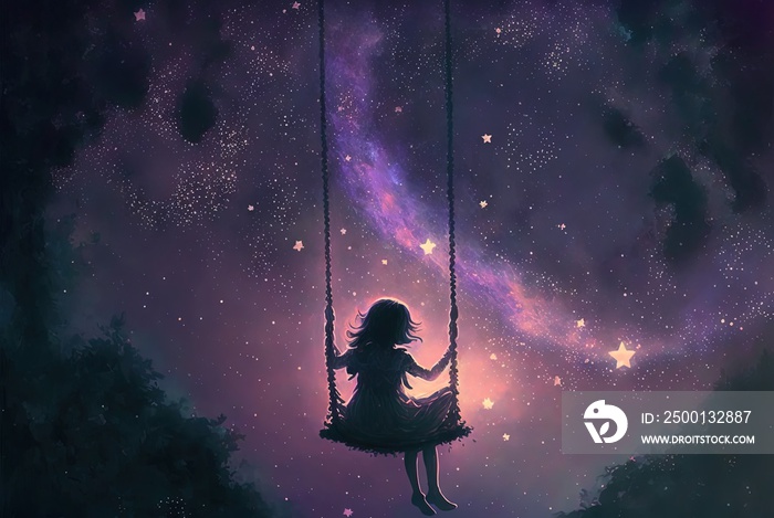 illustration of a child sit on swing with light glitter glow stars flicker above, idea for prayer of hope, love, peace theme