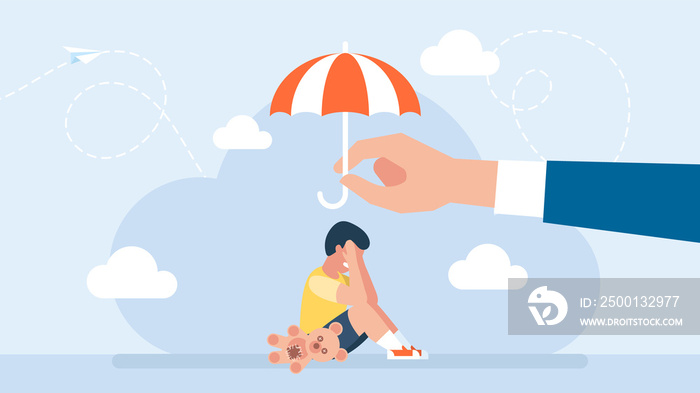 Protect children from danger. Child protection concept. Little boy sitting on the floor and crying. Child care. The umbrella protects the child from the storm. Flat design. Vector illustration.