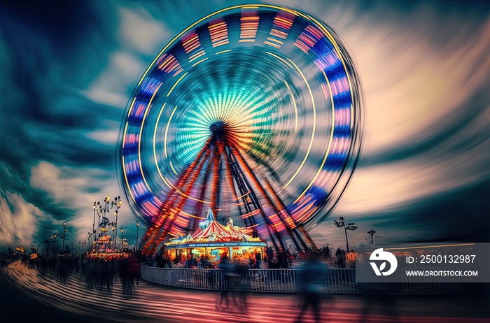 blur defocused illustration of amusement park at evening, big Ferris Wheel spinning up down