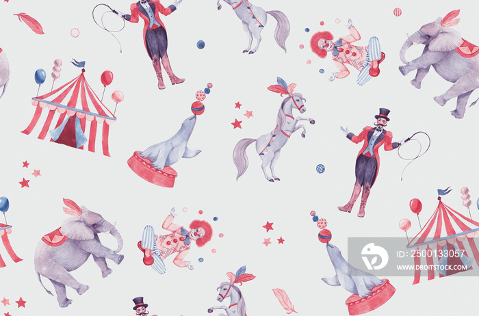 Hand drawn watercolor seamless pattern with circus animals, clown, tent, artists. Childish cartoon colorful background, repeated circus pattern in retro style