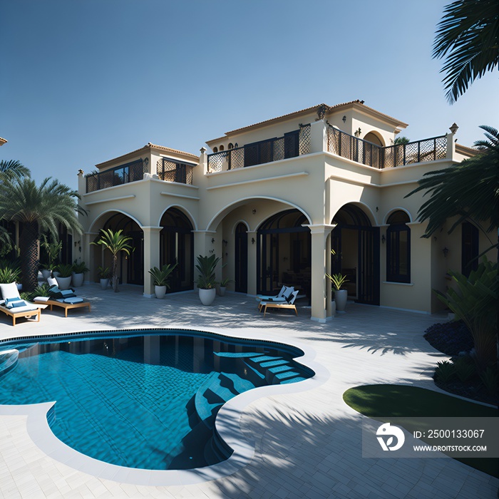 Photo of a luxurious house with a beautiful swimming pool and palm trees