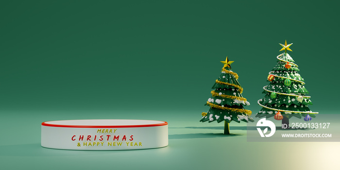 Podium empty with green Chrismas tree in green pastel composition for website or poster or Happiness cards,Christmas banner and festive New Year, realistic 3d illustration or 3d render