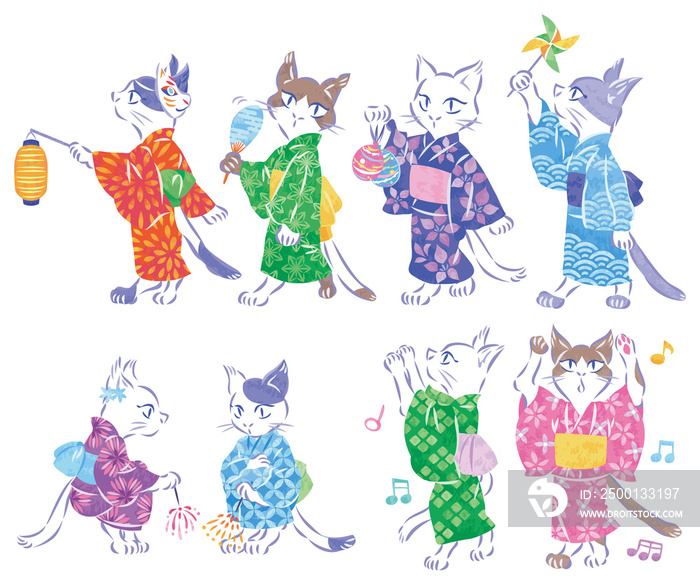 夏祭り　浴衣の猫　イラストセット