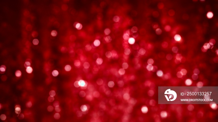 Red sparkle glitter tinsel with bokeh effect and selective focus. Festive background with bright gold raining lights. Abstract 3D illustration Christmas and New Year’s Eve concept texture template.