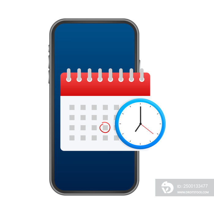 Calendar and clock icon. Wall calendar. Important, schedule, appointment date.  stock illustration.