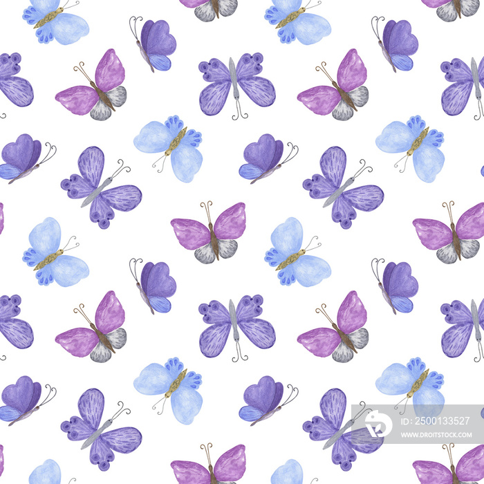 Blue, violet, purple butterflies seamless pattern watercolor illustration in random order, simple hand painted repeat ornament for textile, gift paper, summer decor