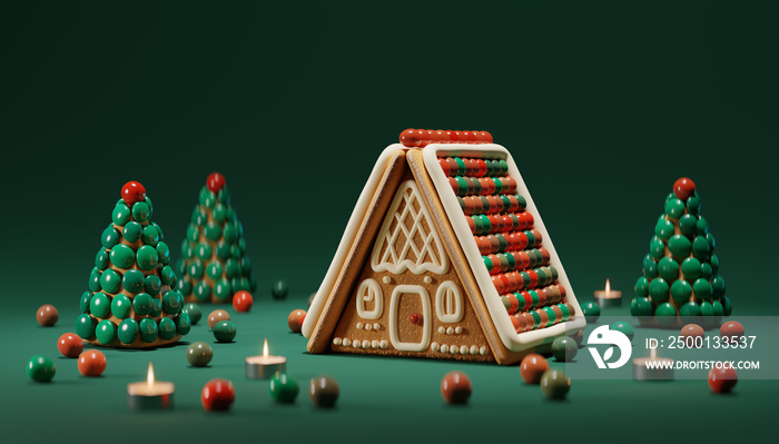 Gingerbread house and cookies in the form of Christmas trees in candies on a green background. Christmas picture with candles. 3d render illustration.
