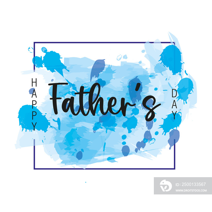 Cartel Feliz dia del padre con manchas de acuarela en color celeste y azules sobre un fondo blanco liso y aislado. Vista de frente y de cerca. Copy space