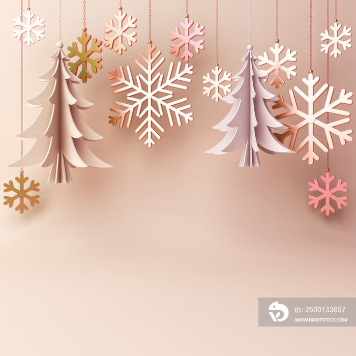 Winter abstract design creative concept, gold and white hanging snow icon confetti glitter and pine, spruce, fir tree art paper cut background. Copy space text area. 3D rendering illustration.