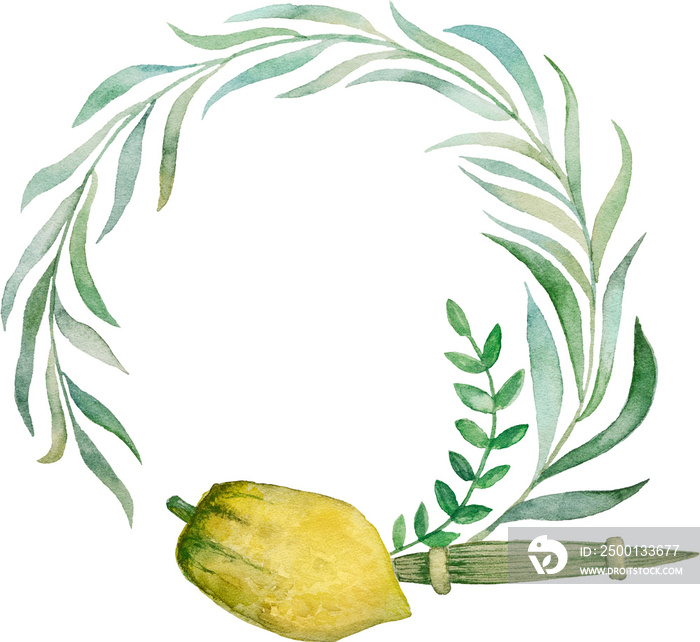 Happy Sukkot floral wreath isolated. Jewish holiday greeting card with etrog, lulav, Arava, Hadas. Hand drawn watercolor illustration