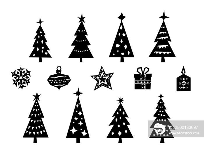 Silhouette christmas trees vector illustration icon set isolated stencil. Cute Xmas trees with decoration elements. Snow flake, star, present, candle. New year elements. Handmade paper DIY cut style.