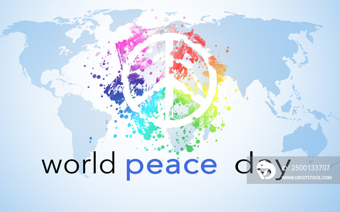 World Peace Day, background with world map and peace symbol