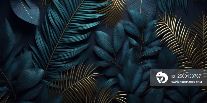 Beautiful luxury dark blue textured 3D background frame with golden green and blue tropical leaves.