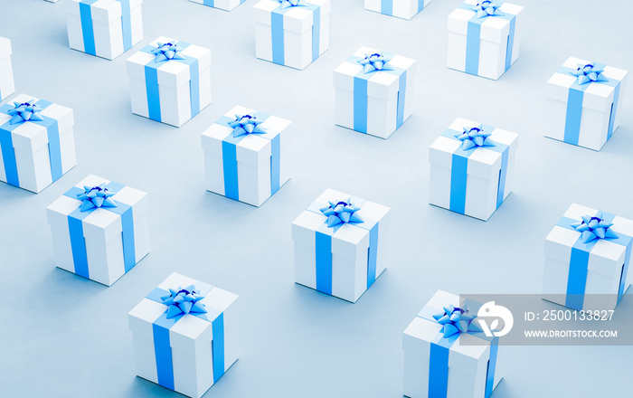 Gift boxes with blue ribbon background