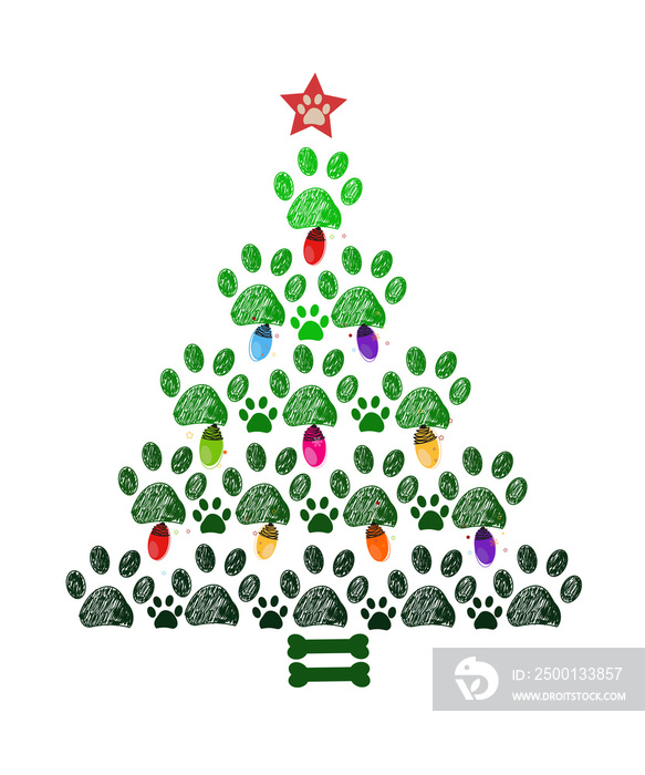 Christmas tree made of paw prints, colorful light bulb and bone. Happy new year greeting card