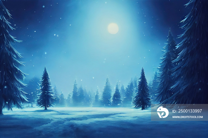 beautiful winter landscape with snow and pine trees, landscape illustration with christmas theme