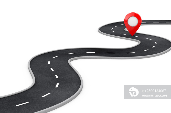 Winding Road with Destination Red Pin Target Pointer in the End of Road. 3d Rendering