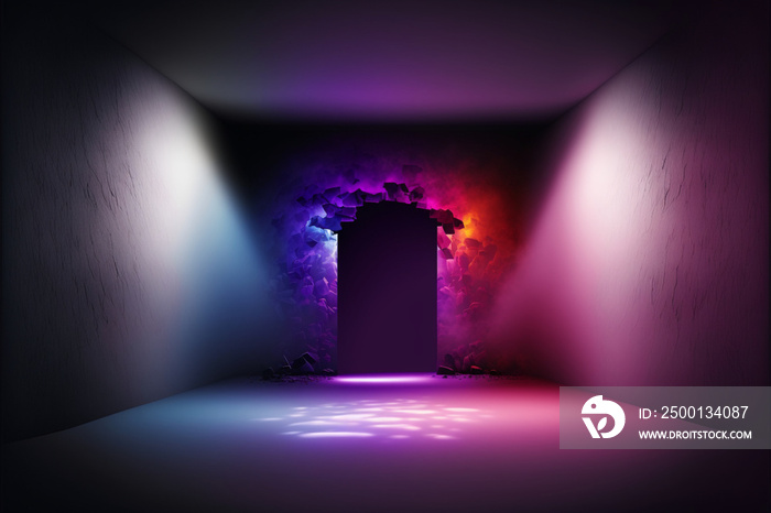 The dark stage shows, empty dark blue, purple, pink background, neon light, spotlights, The asphalt floor and studio room with smoke float up the interior texture for display products