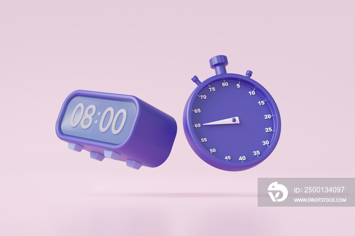 3D Purple clock icon and classic stopwatch floating on isolated pink pastel background. timer showing minutes start and finish. Minimal cartoon cute smooth creative concept. 3d render. illustration