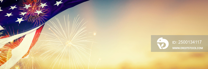 Celebration colorful firework on America flag pattern on sky background, red blue white strip concept for USA 4th july independence day, symbol of patriot freedom and democracy in memorial day festive