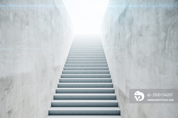 Empty walls and staircase in concrete room with sunlight.