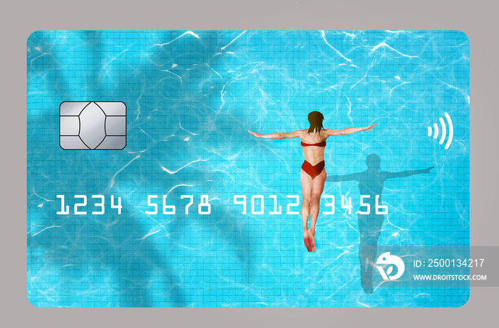 A woman in a bikini is seen diving into blue water in a swimming pool on a generic credit card. This is a 3-d illustration about  traveling with a credit card or debit card.