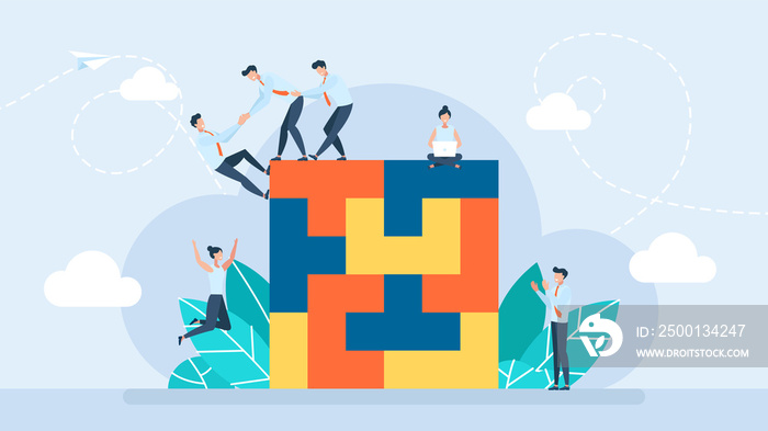 Tiny characters build business blocks. An orderly system, structure. Conceptual planning, teamwork, business support, building. Business illustration for UI, mobile app, web. Flat design