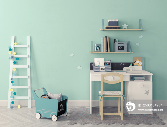 modern kid’s room with set of chair and desk, ladder leaning against the wall, wall mockup, 3d Render