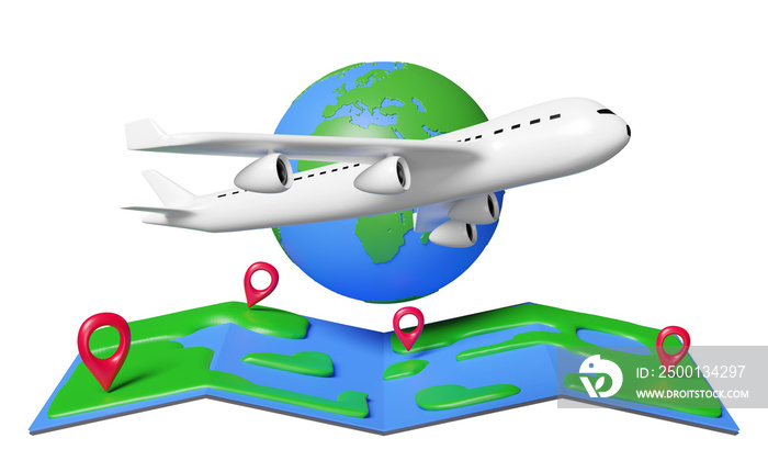 Travel world map with passenger plane, pin isolated. air cargo trucking, travel around the world concept, 3d illustration or 3d render