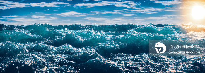 Ocean waves surface texture. Abstract blue water background with splashes of sea foam. 3d