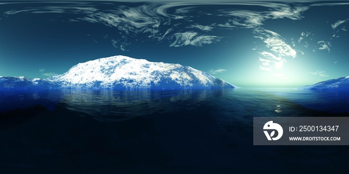 north sea panorama with glacier, HDRI, environment map , Round panorama, spherical panorama, equidistant projection, panorama 360, 3d rendering