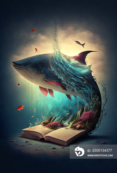 whale rising from an open book